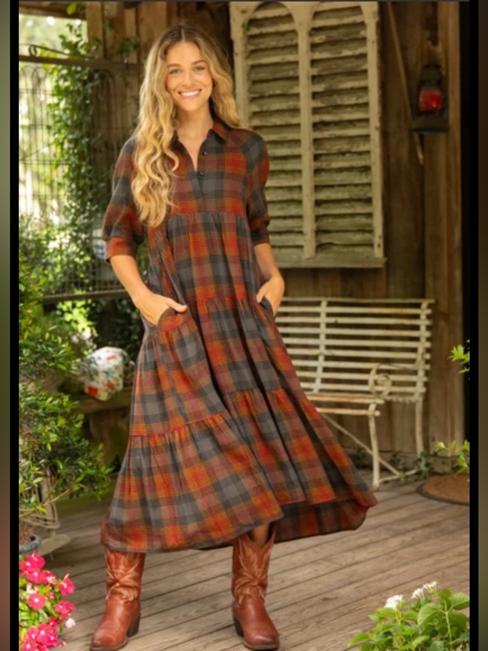 NATURAL LIFE Plaid Tiered Maxi Dress with Rust & Mustard Checks Size Large
